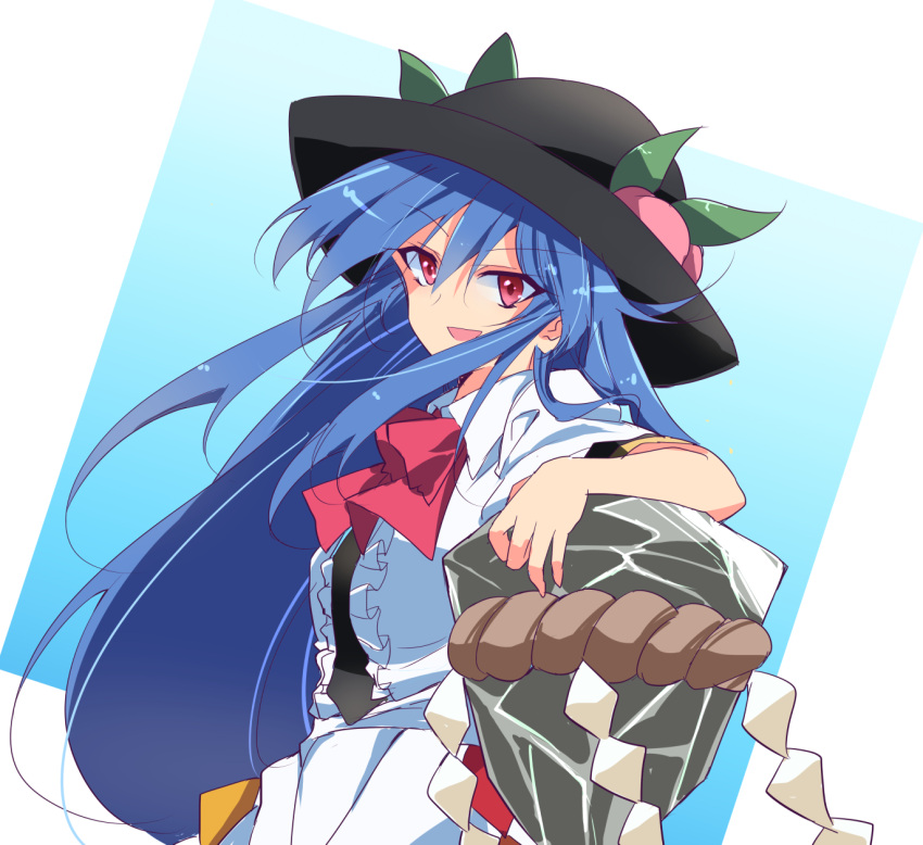 1girl :d bangs black_headwear blue_background blue_hair bow bowtie center_frills collarbone food frills fruit gradient gradient_background hat highres hinanawi_tenshi ichimura_kanata keystone leaf long_hair looking_at_viewer one-hour_drawing_challenge open_mouth peach red_bow red_bowtie red_eyes rope short_sleeves smile solo touhou upper_body