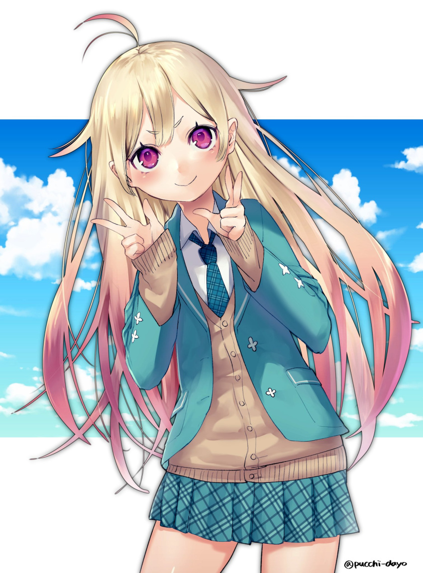 1girl antenna_hair blonde_hair blue_jacket blue_necktie blue_skirt blue_sky buttons cardigan cevio closed_mouth clouds collared_shirt cowboy_shot gradient_hair hair_flaps hands_up highres ia_(vocaloid) jacket legs_apart long_hair long_sleeves miniskirt multicolored_hair necktie open_clothes open_jacket pink_eyes pink_hair plaid plaid_necktie plaid_skirt pleated_skirt puchiman shirt skirt sky sleeves_past_wrists smile solo twitter_username two-tone_hair v-shaped_eyebrows vocaloid white_shirt