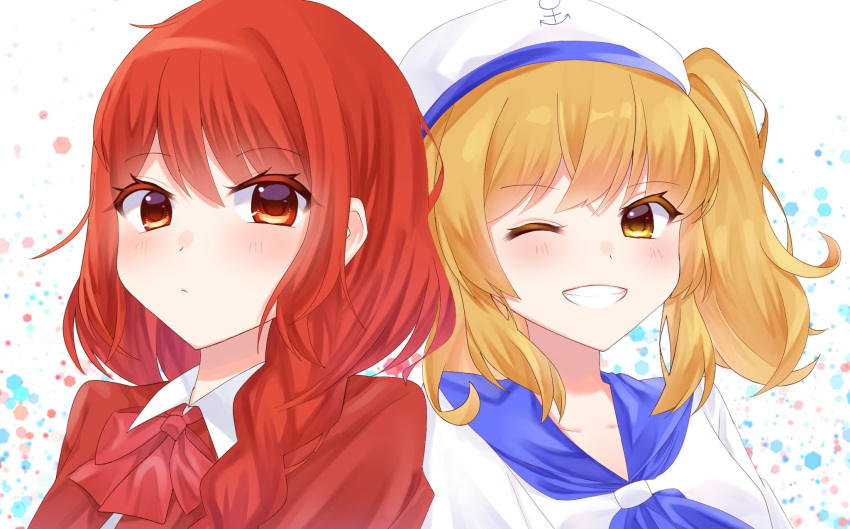 2girls anchor_symbol bangs blonde_hair blue_neckerchief blue_sailor_collar blush bow bowtie braid breasts capelet closed_mouth collarbone collared_shirt commentary_request grin hat highres kitashirakawa_chiyuri long_hair medium_breasts milll_77 multiple_girls neckerchief one_eye_closed puffy_short_sleeves puffy_sleeves red_bow red_bowtie red_capelet red_eyes red_vest redhead sailor sailor_collar sailor_hat sailor_shirt shirt short_sleeves side_braid single_braid smile touhou touhou_(pc-98) two_side_up uniform upper_body vest white_headwear white_shirt yellow_eyes