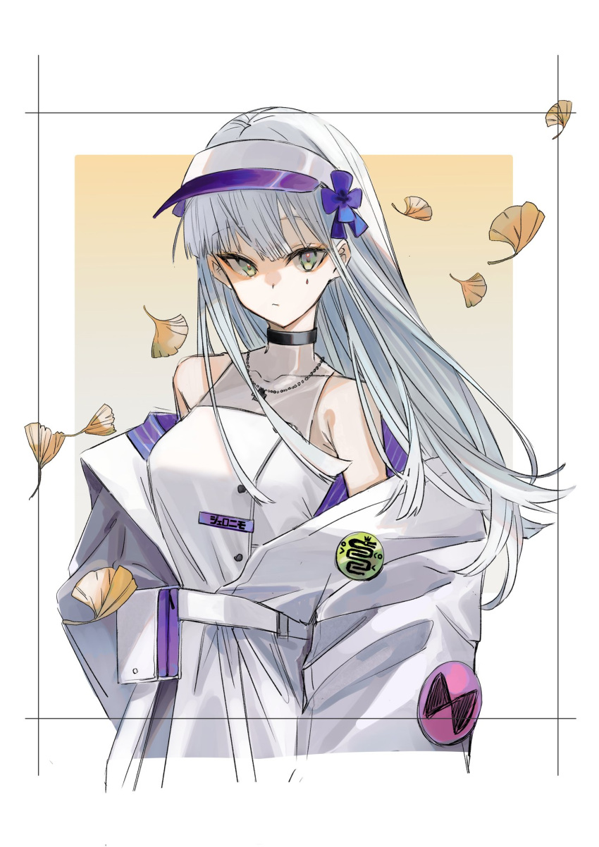 1girl aaoshigatoutoi alternate_costume badge bangs belt blunt_bangs button_badge facial_mark girls_frontline green_eyes highres hk416_(girls'_frontline) jacket jewelry long_hair necklace off_shoulder teardrop teardrop_facial_mark teardrop_tattoo upper_body visor_cap white_hair