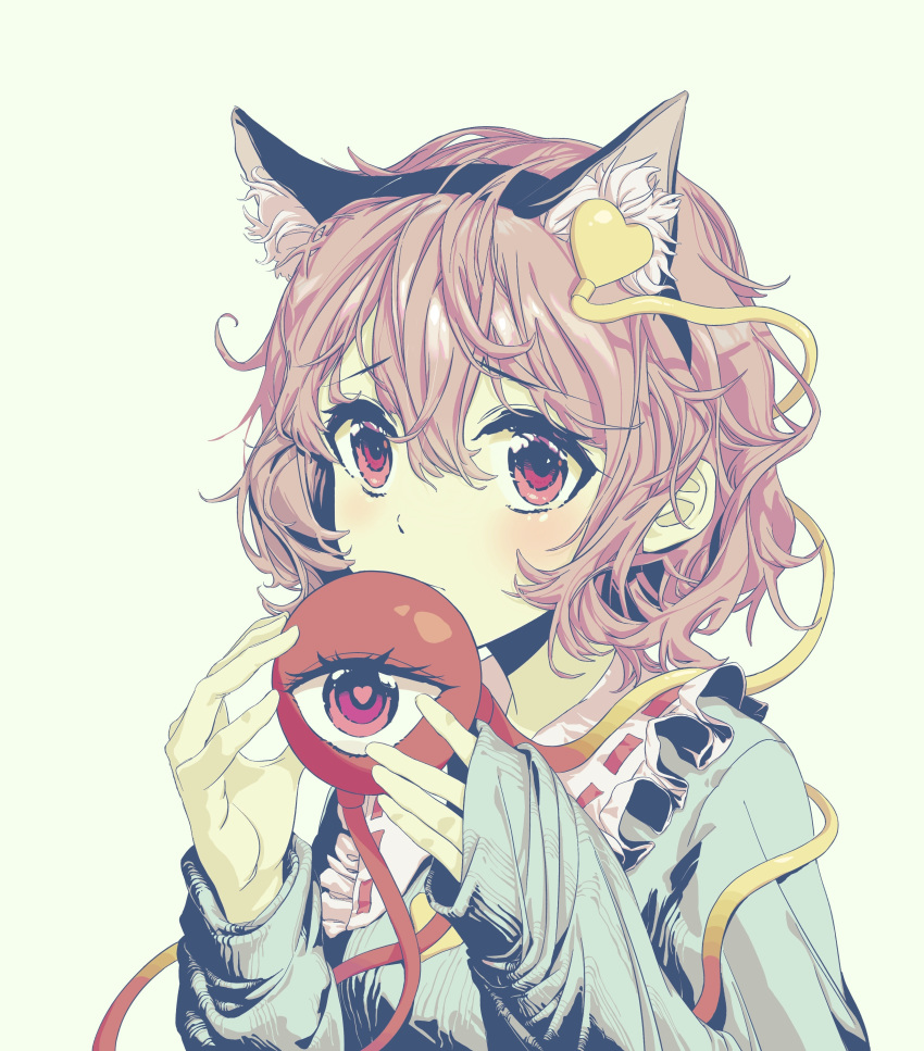 1girl absurdres animal_ear_fluff animal_ears black_hairband blouse blue_shirt blush cat_ears chinese_commentary closed_mouth commentary covering_mouth frilled_shirt_collar frills frown hair_between_eyes hair_ornament hairband hands_up heart heart-shaped_pupils heart_hair_ornament highres holding kemonomimi_mode komeiji_satori long_sleeves looking_at_viewer medium_hair pink_eyes pink_hair raised_eyebrows ribbon_trim shirt simple_background sleeves_past_wrists solo symbol-shaped_pupils teeth third_eye touhou upper_teeth white_background xinjinjumin