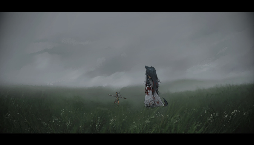 1girl absurdres animal_ears arknights black_hair blood blood_on_clothes coat ear_piercing grass grey_sky highres lappland_(arknights) letterboxed long_hair official_alternate_costume outdoors overcast piercing planted planted_sword solo sword tail texas_(arknights) texas_(winter_messenger)_(arknights) very_long_hair weapon white_coat wolf_ears wolf_girl wolf_tail yangli_myrica