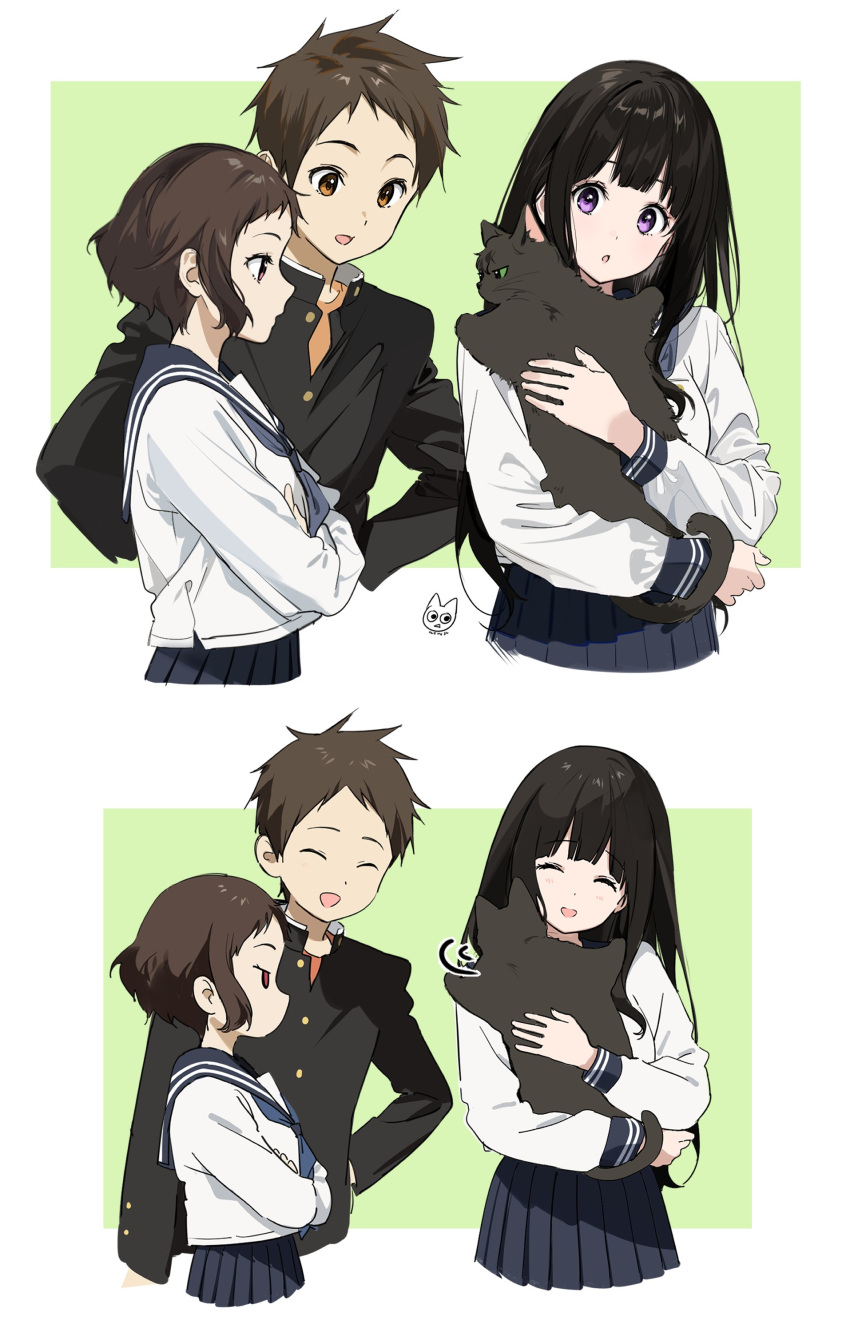 1boy 2girls absurdres animalization artist_logo black_hair black_sailor_collar black_skirt brown_eyes brown_hair cat chitanda_eru fukube_satoshi gakuran grey_neckerchief highres hug hyouka ibara_mayaka kamiyama_high_school_uniform long_hair mery_(yangmalgage) multiple_girls neckerchief oreki_houtarou pleated_skirt red_eyes sailor_collar school_uniform serafuku short_hair skirt upper_body violet_eyes