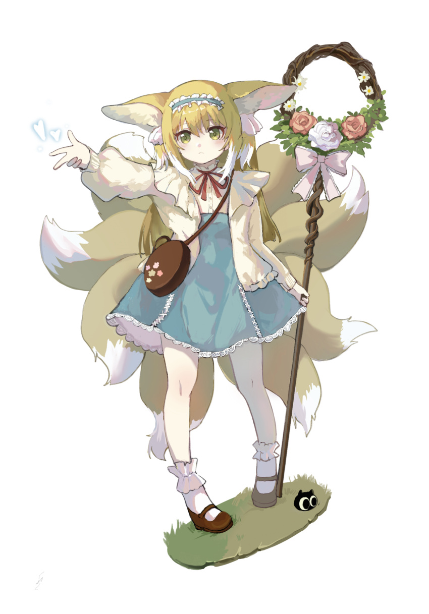 1girl animal_ear_fluff animal_ears arknights bag bangs blonde_hair blue_hairband blue_skirt bow brown_footwear closed_mouth flower fox_ears fox_girl fox_tail frilled_hairband frills full_body green_eyes hair_between_eyes hairband heart heixiu high-waist_skirt highres holding jacket kitsune long_hair long_sleeves multicolored_hair neck_ribbon open_clothes open_jacket pink_bow pink_flower pink_rose puffy_long_sleeves puffy_sleeves red_ribbon ribbon rose shirt shoes shoulder_bag simple_background skirt socks standing suzuran_(arknights) suzuran_(spring_praise)_(arknights) tail the_legend_of_luo_xiaohei two-tone_hair very_long_hair white_background white_flower white_hair white_jacket white_rose white_shirt white_socks zhixiaomo