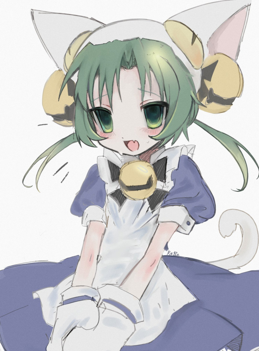 1girl animal_hat apron bangs bell blue_dress blush cat_hat cat_tail dejiko di_gi_charat dress fang frilled_apron frills gloves green_eyes green_hair grey_background hat highres jingle_bell maid_apron neck_bell notice_lines open_mouth puffy_short_sleeves puffy_sleeves r_(reijibnuy2) short_hair short_sleeves signature simple_background skin_fang solo tail tongue twintails v_arms white_apron