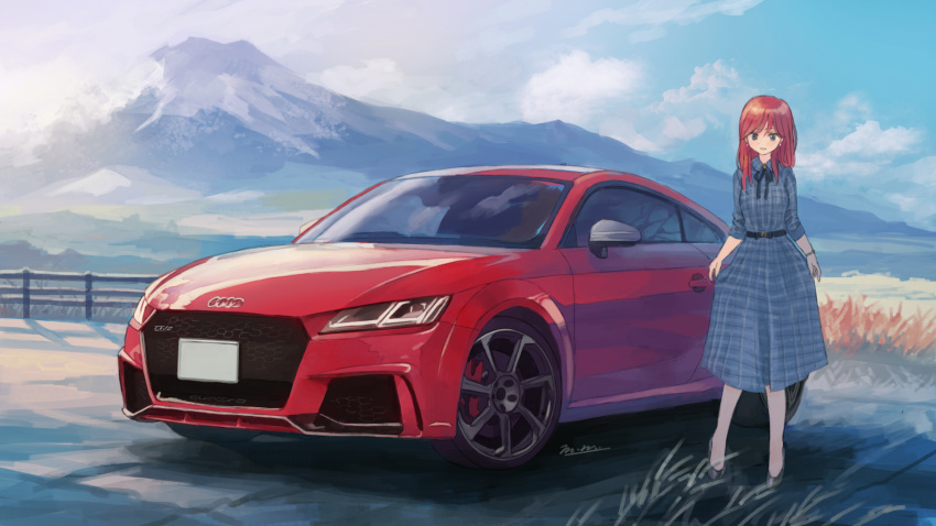 1girl audi belt black_belt black_ribbon car commentary_request dress ground_vehicle highres license_plate long_hair momo_hiki motor_vehicle neck_ribbon original outdoors personification plaid plaid_dress redhead ribbon solo standing vehicle_focus vehicle_request