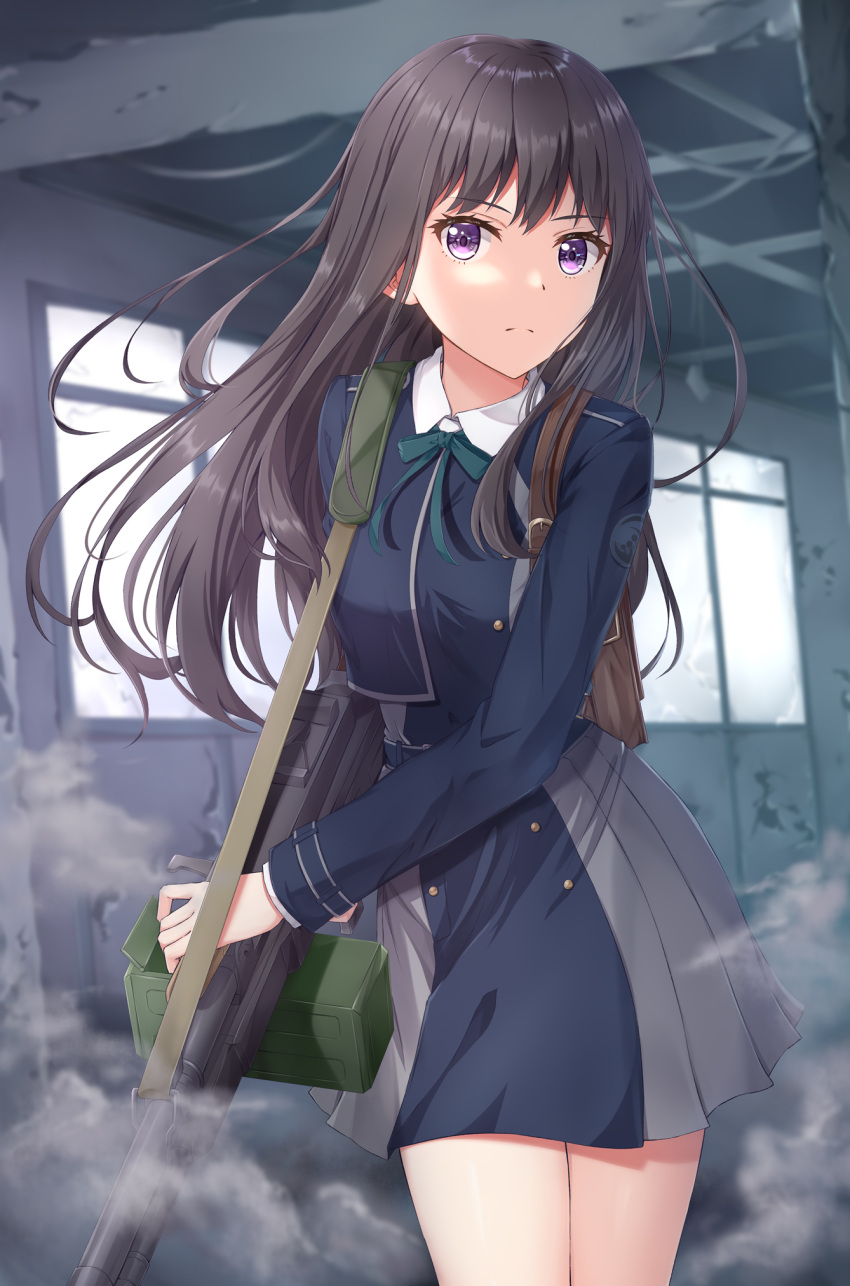 1girl backpack bag black_hair closed_mouth collared_shirt commentary cowboy_shot green_ribbon highres holding holding_weapon inoue_takina long_hair long_sleeves looking_at_viewer lycoris_recoil lycoris_uniform muwa12 ribbon shirt solo two-tone_dress uniform violet_eyes weapon weapon_request