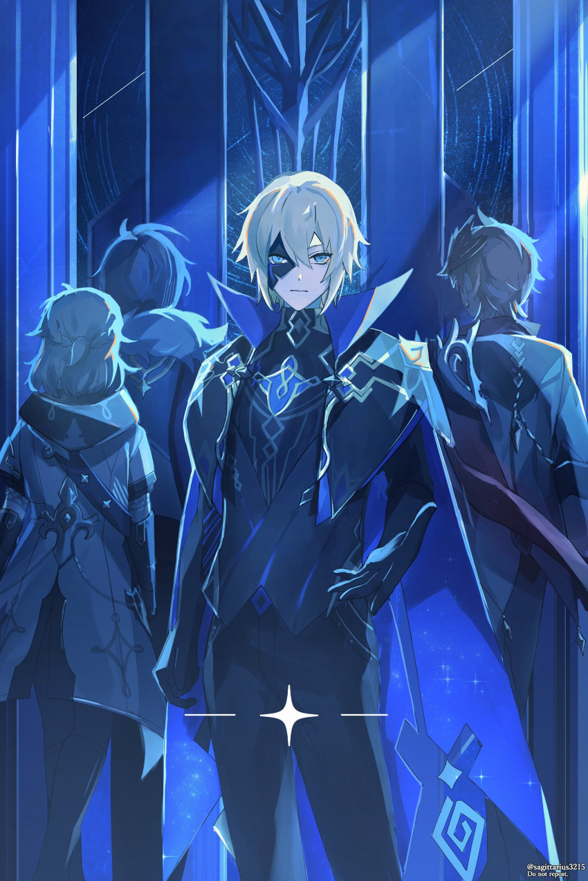 4boys albedo_(genshin_impact) bangs black_gloves black_pants blonde_hair blue_eyes blue_theme brown_hair cape closed_mouth coat commentary dainsleif_(genshin_impact) genshin_impact gloves highres kaeya_(genshin_impact) kukatsuma long_sleeves looking_at_viewer male_focus multiple_boys pants reaching_out short_hair standing symbol-only_commentary tartaglia_(genshin_impact) twitter_username