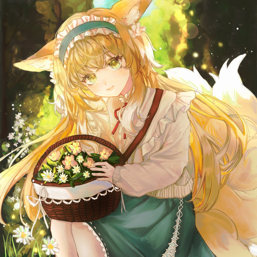 1girl animal_ear_fluff animal_ears arknights azhenhgu basket blonde_hair blue_hairband blue_skirt closed_mouth commentary_request day feet_out_of_frame flower fox_ears fox_girl fox_tail frilled_hairband frills hairband highres holding holding_basket jacket kitsune long_hair long_sleeves looking_at_viewer multicolored_hair neck_ribbon outdoors pink_flower puffy_long_sleeves puffy_sleeves red_ribbon ribbon shirt skirt sleeves_past_wrists smile solo suzuran_(arknights) suzuran_(spring_praise)_(arknights) tail two-tone_hair very_long_hair white_flower white_hair white_jacket white_shirt yellow_eyes