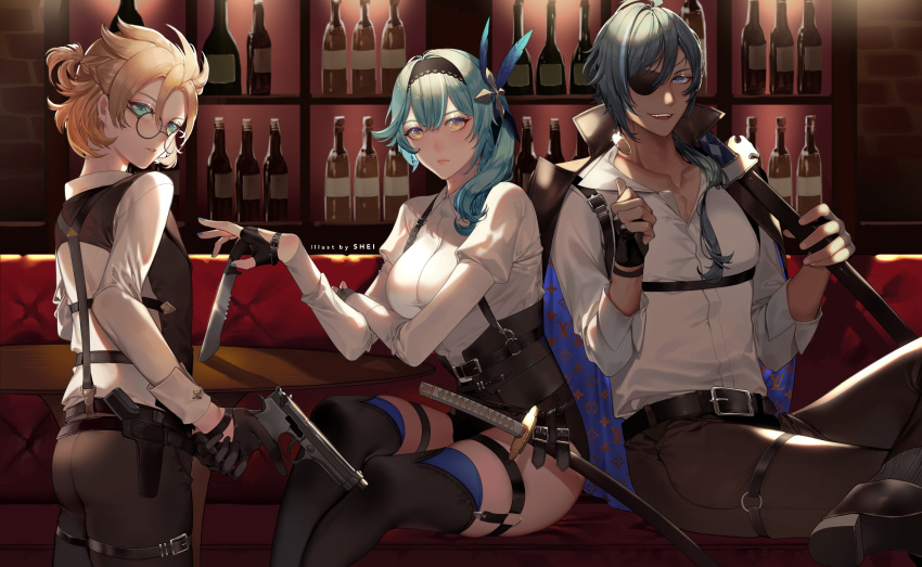1girl 2boys albedo_(genshin_impact) ass bangs belt black_hairband blonde_hair blue_eyes blue_hair bottle breasts brown_pants coin couch dark-skinned_male dark_skin eula_(genshin_impact) eyepatch fangs feather_hair fingerless_gloves forehead genshin_impact glasses gloves green_eyes gun hair_between_eyes hair_ornament hairband highres holding holding_weapon jacket kaeya_(genshin_impact) knife large_breasts long_hair long_sleeves medium_breasts multiple_boys open_mouth pants shei99 shirt smile sword table thigh-highs vest violet_eyes weapon white_shirt yellow_eyes