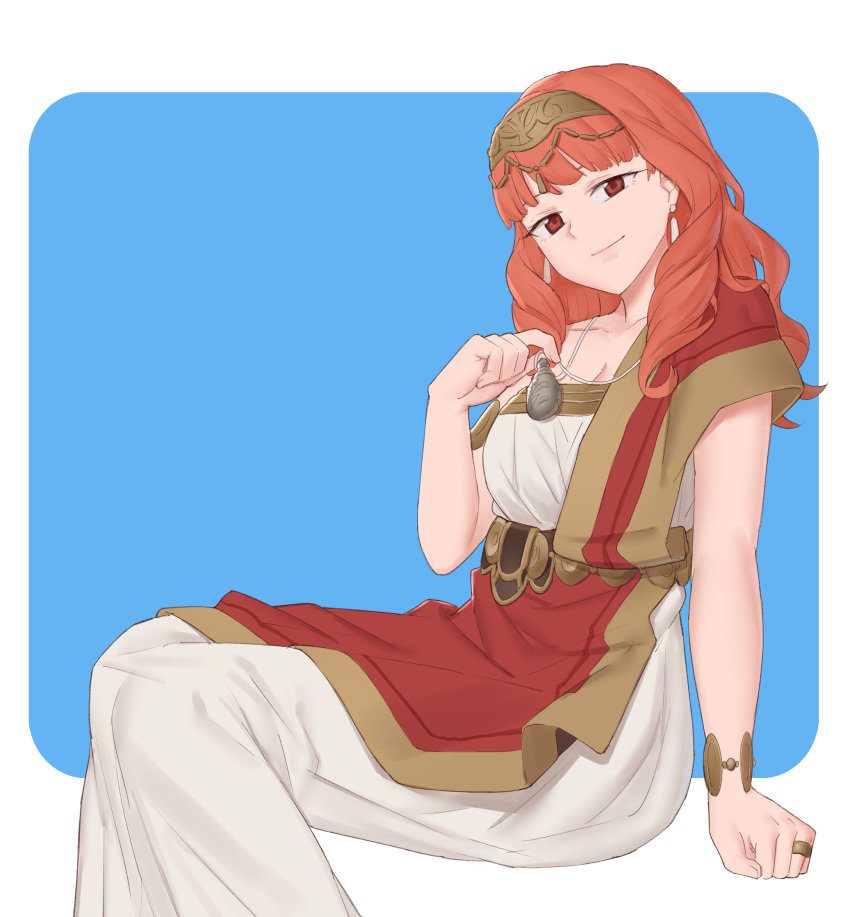 1girl bare_shoulders blue_background breasts celica_(fire_emblem) collarbone detached_sleeves dress earrings ebinku fire_emblem fire_emblem_echoes:_shadows_of_valentia highres jewelry long_dress long_hair looking_at_viewer medium_breasts necklace red_eyes redhead ring simple_background single_detached_sleeve smile solo tiara white_dress