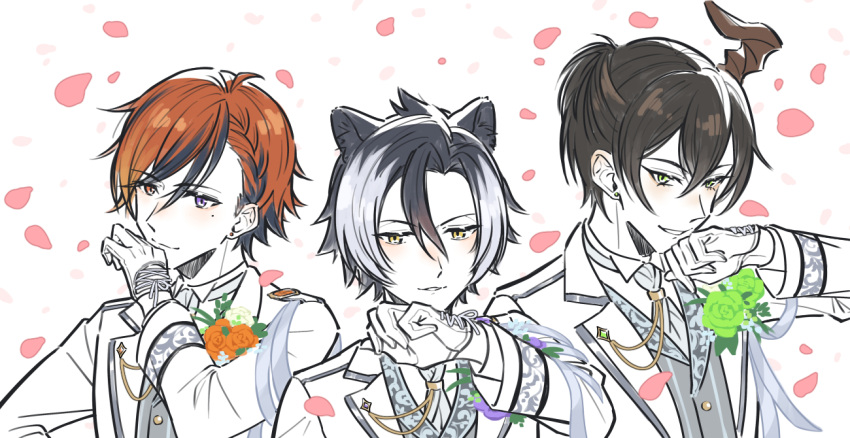 3boys alternate_costume alternate_hairstyle animal_ears anmochi aragami_oga ascot bangs black_hair boutonniere braid braided_bangs cross-laced_clothes cross-laced_gloves curtained_hair earrings falling_petals flower gloves green_eyes green_flower green_rose grey_vest hair_between_eyes half_gloves half_updo heterochromia holostars horns jackal_ears jacket jewelry kageyama_shien lapel_pin lapels light_blush looking_at_viewer male_focus mole mole_under_eye multicolored_hair multiple_boys notched_lapels orange_eyes orange_flower orange_hair orange_rose parted_lips petals purple_flower purple_rose rose shirt short_hair single_horn smile streaked_hair stud_earrings suit_jacket swept_bangs two-tone_hair upper_body vest violet_eyes virtual_youtuber white_ascot white_background white_gloves white_hair white_jacket white_shirt yellow_eyes yukoku_roberu