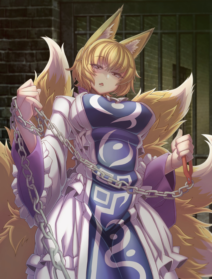 1girl absurdres animal_ears blonde_hair chain chain_leash chained dress fox_ears fox_tail frilled_dress frills highres holding holding_chain holding_leash in_cell kitsune kyuubi leash long_sleeves looking_at_viewer multiple_tails no_headwear prison prison_cell short_hair solo tabard tail touhou white_dress wide_sleeves yakumo_ran yellow_eyes zawa_(zawzawranran2)