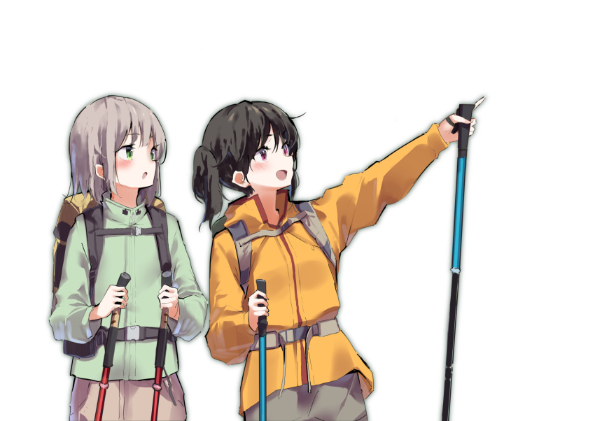 2girls :d backpack bag black_hair blush brown_shorts cane commentary_request green_eyes green_jacket grey_hair grey_skirt highres jacket kuraue_hinata lamb_(hitsujiniku) looking_away looking_to_the_side multiple_girls outstretched_arm pointing shorts simple_background skirt smile twintails violet_eyes white_background yama_no_susume yellow_jacket yukimura_aoi