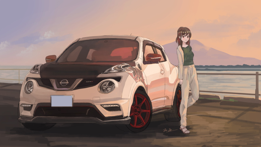 1girl bangs brown_hair car closed_mouth commentary_request green_shirt grey_jacket grey_pants ground_vehicle highres jacket license_plate long_hair long_sleeves looking_at_viewer momo_hiki motor_vehicle mountain nissan nissan_juke open_clothes open_jacket original outdoors pants personification shirt smile solo sports_utility_vehicle standing vehicle_focus