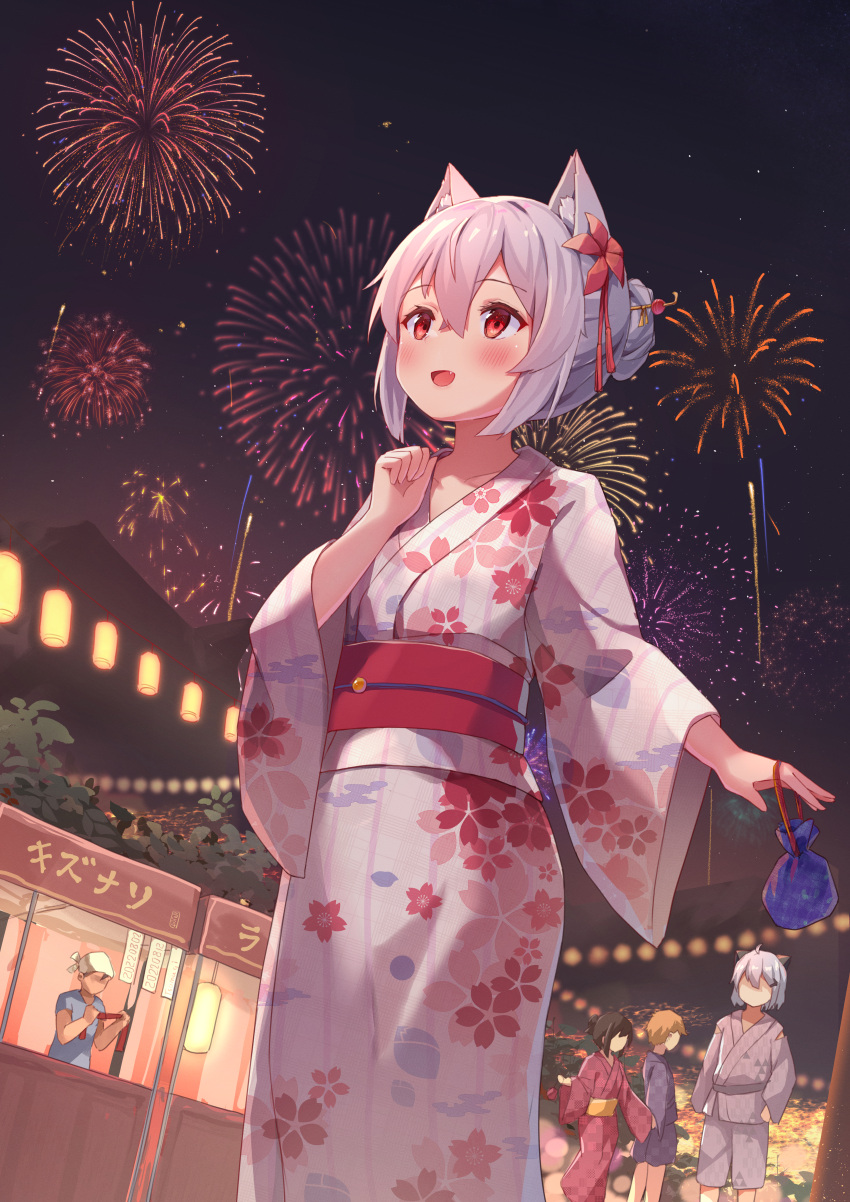 1girl :d absurdres animal_ears arm_at_side bangs blush breasts cat_ears clenched_hand collarbone eleven-sora fang festival fireworks floral_print grey_hair hair_bun highres holding japanese_clothes kimono looking_up night night_sky open_mouth original people print_kimono red_eyes short_hair sky small_breasts smile solo standing yukata