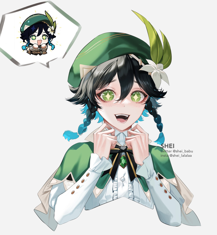 +_+ 1boy bangs black_hair blue_hair braid flower genshin_impact genshin_impact_sticker_redraw_(meme) gradient_hair green_eyes green_headwear highres long_sleeves male_focus meme multicolored_hair open_mouth shei99 smile twin_braids venti_(genshin_impact)