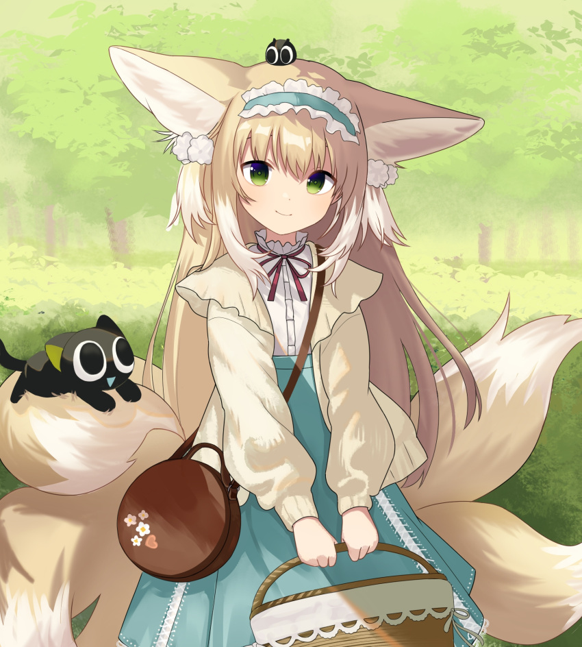 1girl animal animal_ear_fluff animal_ears arknights bag basket black_cat blue_hairband blue_skirt brown_jacket cat closed_mouth commentary crossover day english_commentary fox_ears fox_girl fox_tail frilled_hairband frills hairband heixiu high-waist_skirt highres hiruver holding holding_basket jacket kitsune light_brown_hair long_hair long_sleeves looking_at_viewer luoxiaohei multicolored_hair neck_ribbon on_head open_clothes open_jacket outdoors puffy_long_sleeves puffy_sleeves red_ribbon ribbon shirt shoulder_bag skirt smile suzuran_(arknights) suzuran_(spring_praise)_(arknights) tail the_legend_of_luo_xiaohei tree two-tone_hair very_long_hair white_hair white_shirt