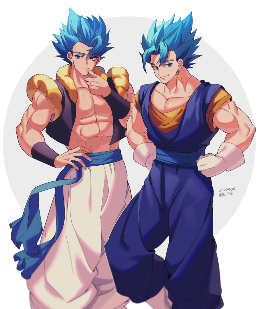 2boys abs blue_eyes blue_hair blue_sash closed_mouth collarbone commentary_request dragon_ball dragon_ball_super earrings gloves gogeta grey_background grin hand_on_hip hand_up hands_on_hips highres jewelry looking_at_viewer male_focus metamoran_vest multiple_boys pants pectorals potara_earrings sash smile spiky_hair standing super_saiyan super_saiyan_blue thumb_to_mouth two-tone_background vegetto white_background white_gloves white_pants zero-go