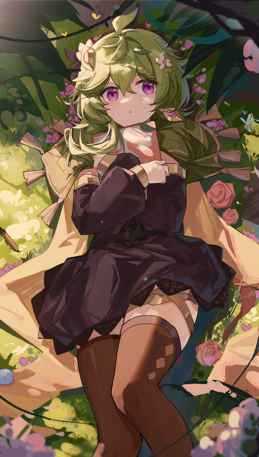 1girl ahoge bangs black_dress blush brown_thighhighs capelet collei_(genshin_impact) crossed_bangs dress flower fungi_(genshin_impact) genshin_impact grass green_capelet green_hair hair_ornament highres holding leaf long_sleeves looking_at_viewer lying on_back open_mouth outdoors parted_lips plant solo sunlight thigh-highs thighs violet_eyes yajuu zettai_ryouiki