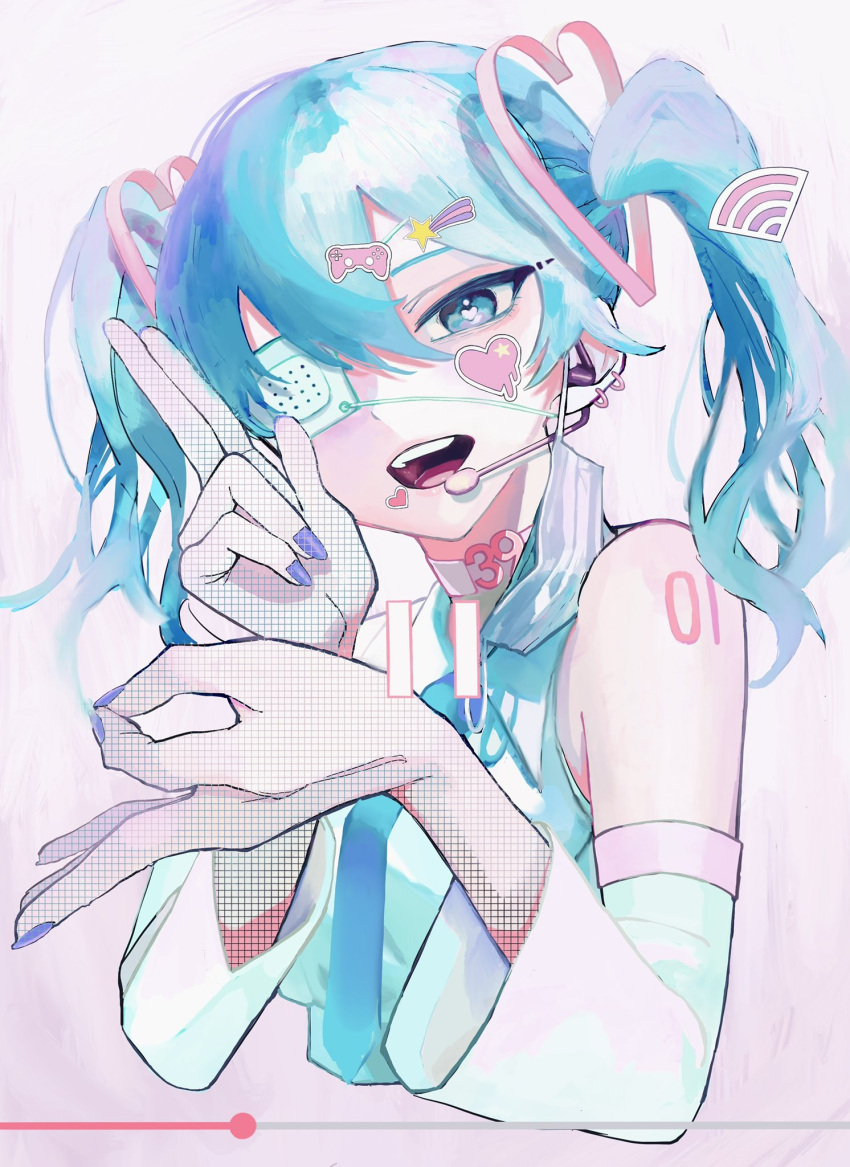 1girl :d blue_eyes blue_hair detached_sleeves earphones earrings eyepatch fingernails fishnet_gloves fishnets gloves hair_ornament hairclip hatsune_miku headset heart heart-shaped_pupils highres jewelry long_hair long_sleeves looking_at_viewer medical_eyepatch nail_polish ok_sign one_eye_covered purple_nails shoulder_tattoo sion001250 smile solo symbol-shaped_pupils tattoo twintails unmoving_pattern upper_body vocaloid