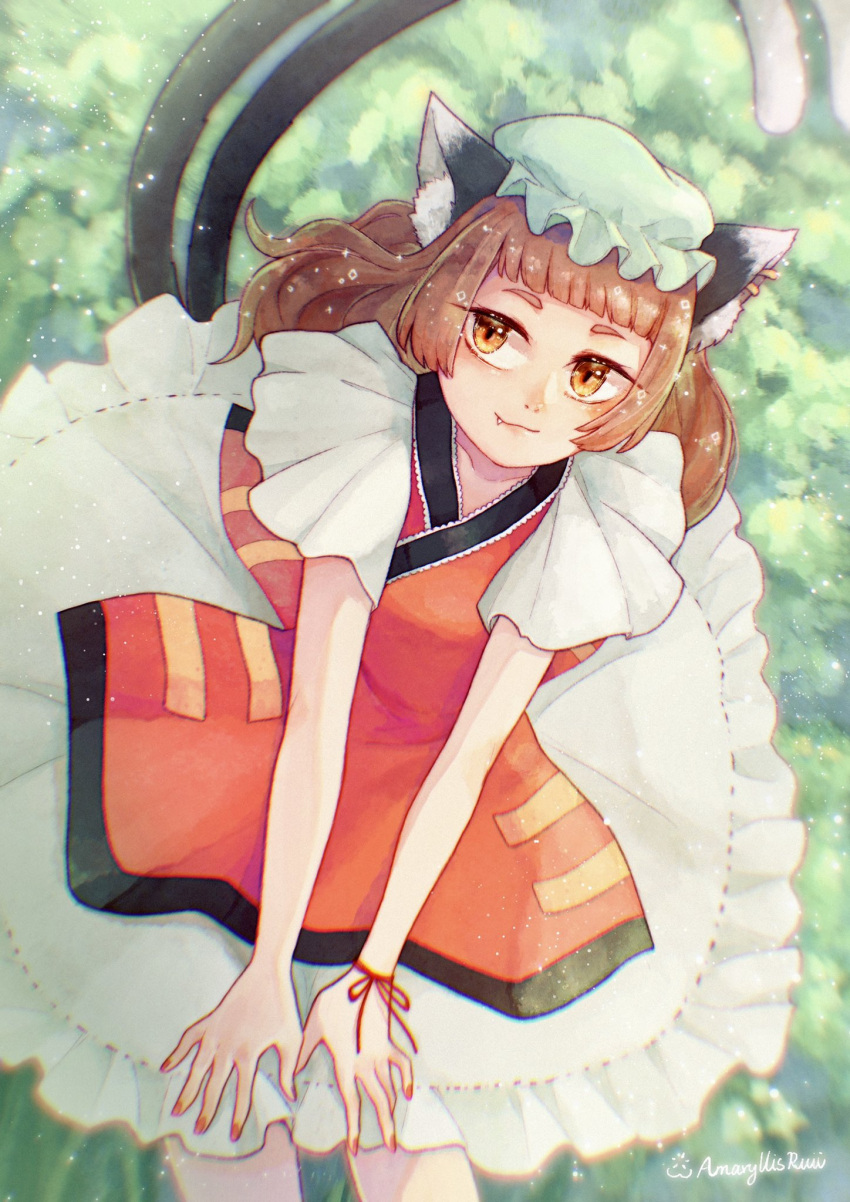 1girl animal_ears blurry brown_hair cat_ears cat_tail chen fang fang_out foul_detective_satori hat highres jewelry looking_at_viewer mew3mew3mew multiple_tails nekomata short_bangs solo tail touhou