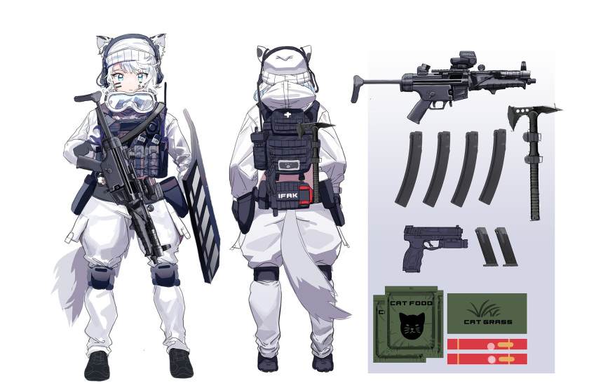 1girl animal_ears axe backpack bag ballistic_shield beanie blue_eyes cat_ears cat_girl cat_tail facial_mark field_ration goggles gun h&amp;k_mp5 handgun hat headset highres knee_pads military military_uniform original reference_sheet scope solo submachine_gun tac239 tail uniform weapon whisker_markings white_hair winter_clothes