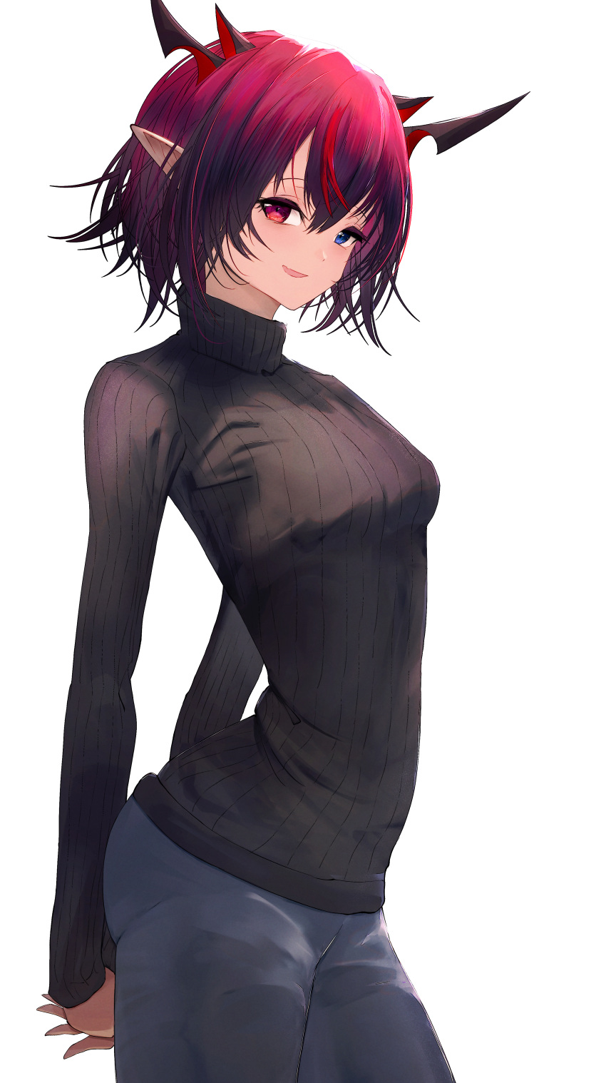 1girl absurdres alternate_breast_size alternate_hair_length alternate_hairstyle arms_behind_back black_sweater blue_eyes blue_pants blurry breasts getto gradient_hair heterochromia highres hololive hololive_english horns irys_(hololive) long_sleeves looking_at_viewer multicolored_hair outdoors pants parted_lips pointy_ears purple_hair short_hair simple_background small_breasts smile solo sweater turtleneck turtleneck_sweater violet_eyes virtual_youtuber white_background
