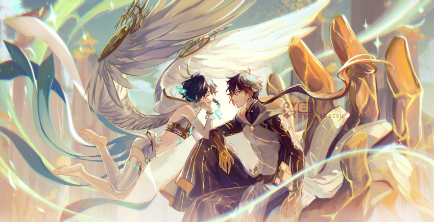 2boys ahoge angel_wings antenna_hair aqua_hair bangs barefoot blush braid brown_hair chest_tattoo closed_eyes closed_mouth colored_skin elbow_gloves english_commentary feathered_wings genshin_impact gloves gradient_hair grin highres hood hood_down hooded_robe looking_at_viewer low_ponytail multicolored_hair multiple_boys oyakorodesu red_eyeliner robe single_thighhigh sitting smile tattoo thigh-highs twin_braids venti_(genshin_impact) white_gloves white_thighhighs white_wings wings zhongli_(genshin_impact)