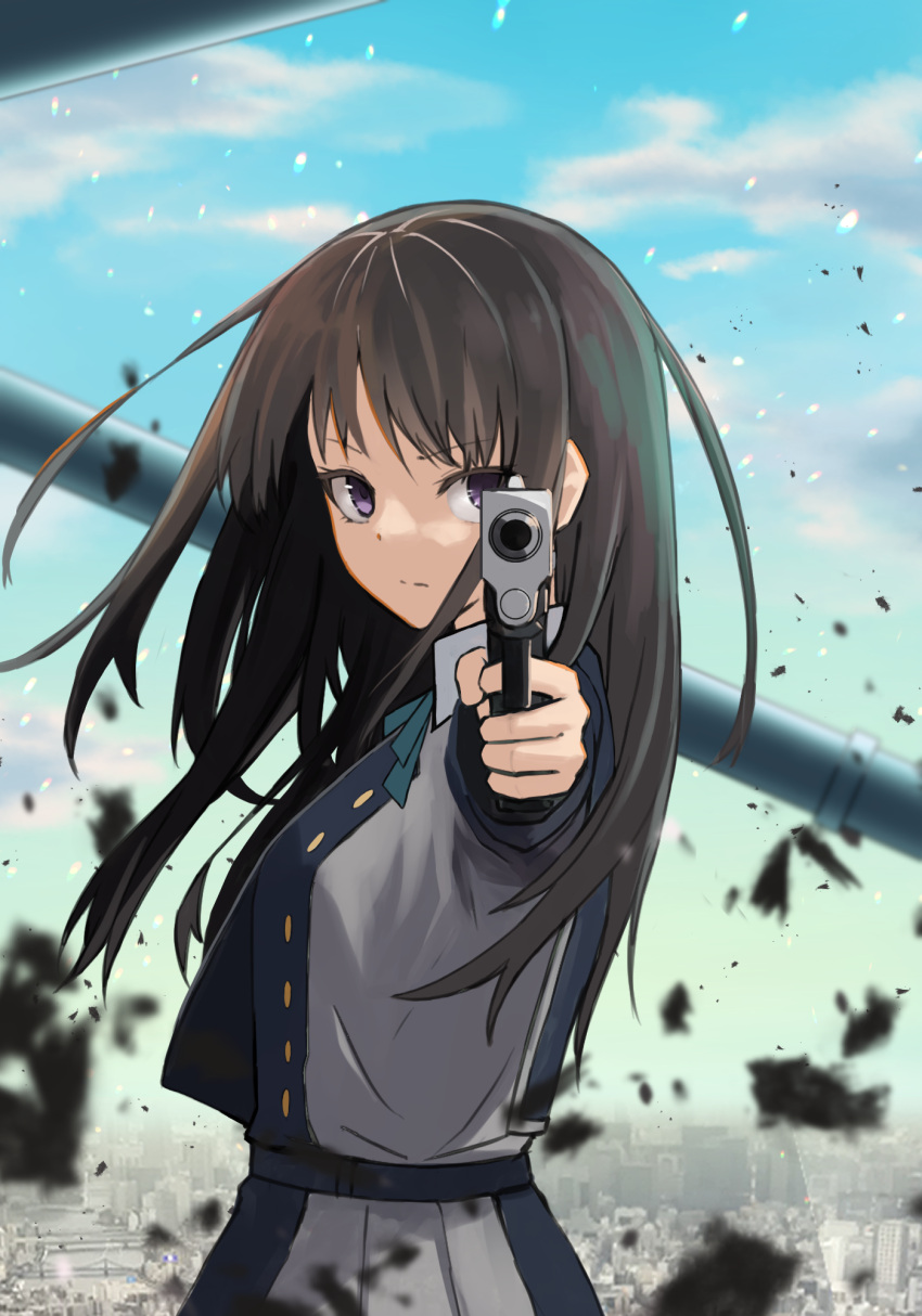 1girl aiming_at_viewer artist_request black_hair collared_shirt commentary_request green_ribbon gun handgun highres holding holding_gun holding_weapon inoue_takina long_hair long_sleeves looking_at_viewer lycoris_recoil lycoris_uniform neck_ribbon ribbon shirt solo two-tone_dress uniform violet_eyes weapon white_shirt