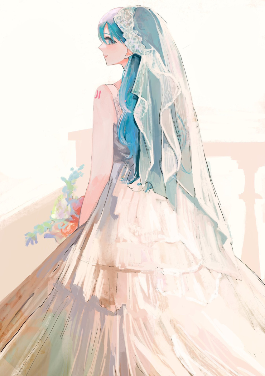 1girl bare_arms blue_eyes blue_hair bouquet closed_mouth dress flower hatsune_miku highres holding holding_bouquet holding_flower long_dress looking_at_viewer profile sion001250 smile solo vocaloid wedding_dress white_dress
