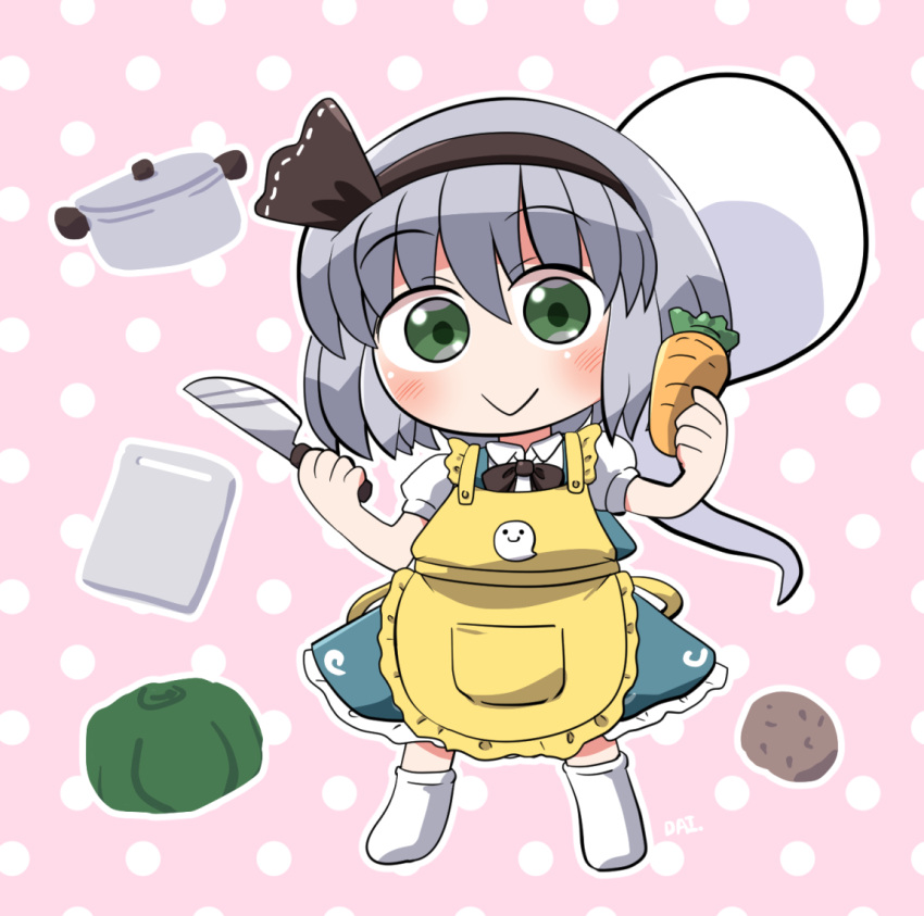 1girl apron black_hairband black_ribbon blush carrot closed_mouth collared_shirt food full_body green_eyes green_skirt green_vest hair_between_eyes hair_ribbon hairband hitodama holding holding_food holding_knife holding_vegetable knife konpaku_youmu konpaku_youmu_(ghost) pink_background polka_dot polka_dot_background ribbon rokugou_daisuke shirt short_hair short_sleeves signature skirt smile solo touhou vegetable vest white_hair white_shirt yellow_apron