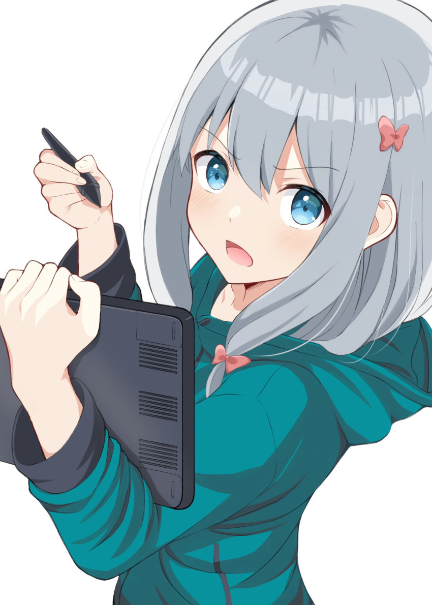 1girl bangs blue_eyes blue_jacket blush bow drawing_tablet eromanga_sensei grey_hair hair_between_eyes hair_bow highres holding holding_stylus hood hood_down hooded_jacket izumi_sagiri jacket long_hair looking_at_viewer open_mouth red_bow simple_background solo stylus upper_body v-shaped_eyebrows white_background yuzuzukushi