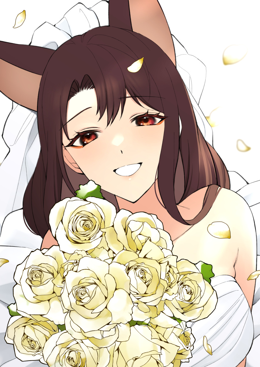 1girl absurdres akagi_(azur_lane) animal_ears azur_lane bouquet bridal_veil dress falling_petals flower fox_ears highres holding holding_bouquet long_hair looking_at_viewer petals solo suzuki-san_(szk3tv) veil wedding_dress