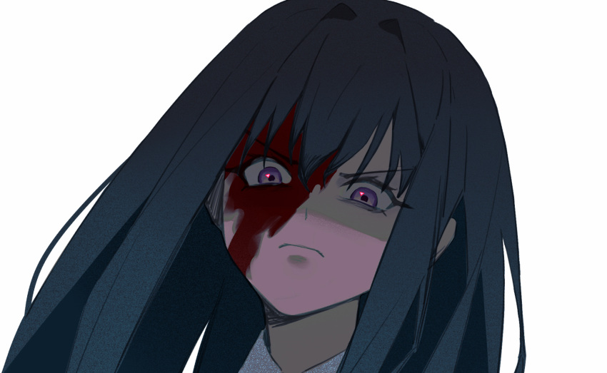 1girl angry black_hair blood blood_on_face closed_mouth commentary_request highres inoue_takina long_hair longshengyan lycoris_recoil portrait shirt simple_background solo violet_eyes white_background wide-eyed