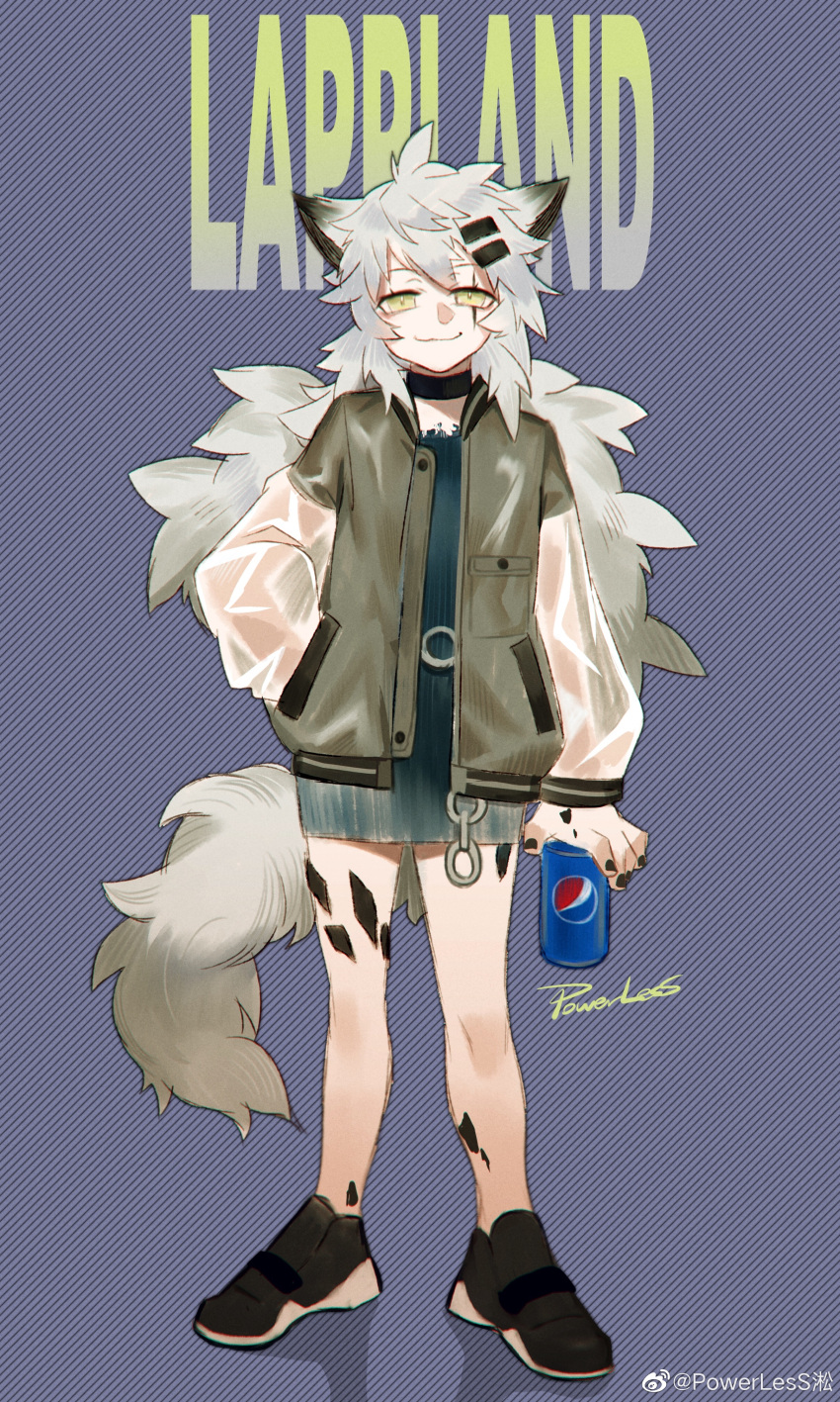1girl :3 absurdres ahoge animal_ears arknights artist_name bare_legs black_choker black_dress black_footwear blue_background brown_jacket can character_name choker dress full_body green_eyes grey_hair half-closed_eyes hand_in_pocket highres holding holding_can jacket lappland_(arknights) long_hair looking_at_viewer messy_hair open_clothes open_jacket oripathy_lesion_(arknights) pepsi powerlesssong scar scar_across_eye see-through see-through_sleeves shoes signature simple_background solo standing tail weibo_logo weibo_username wolf_ears wolf_girl wolf_tail