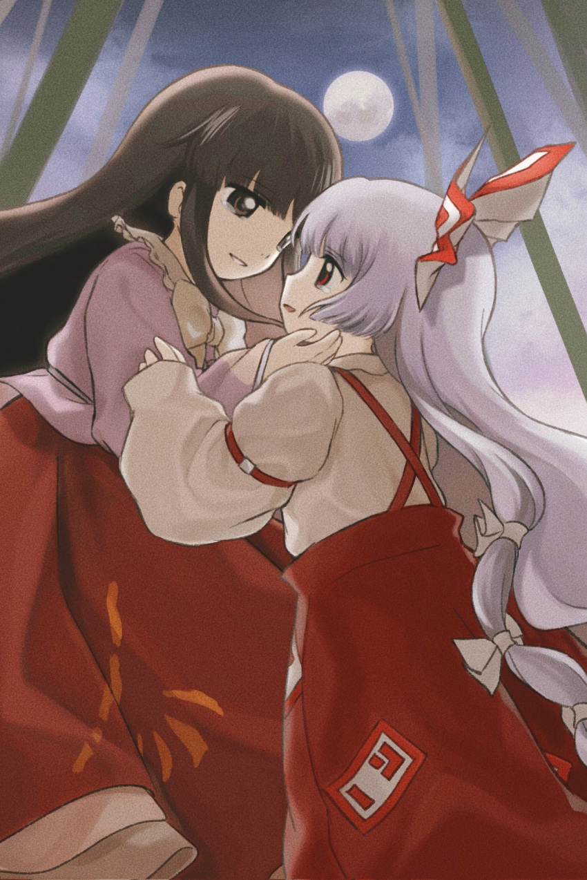 2girls arm_strap bamboo bangs black_eyes black_hair blunt_bangs bow bowtie commentary_request commission criss-cross_suspenders eye_contact face-to-face feet_out_of_frame fog fujiwara_no_mokou full_moon grey_shirt grin hair_bow hands_on_another's_face hayakumo_(okura_oishiiii) highres houraisan_kaguya long_hair long_skirt long_sleeves looking_at_another moon multiple_girls night open_mouth pants pink_shirt red_bow red_eyes red_pants red_skirt shirt sideways_mouth skeb_commission skirt smile tearing_up touhou very_long_hair white_bow white_bowtie white_hair zun_(style)