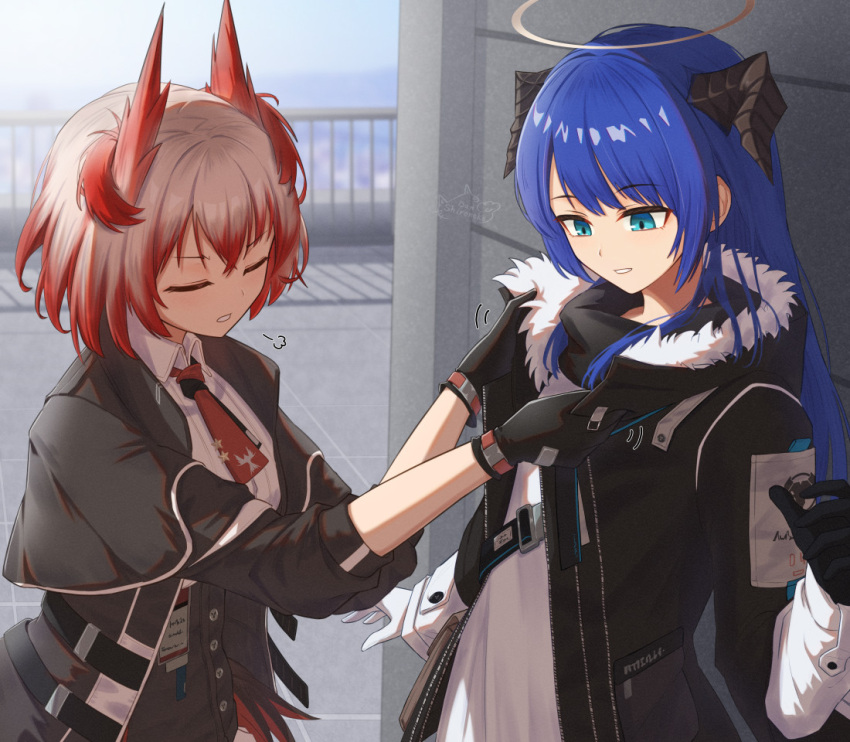 2girls adjusting_another's_clothes animal_ears arknights asymmetrical_gloves bird_ears black_gloves black_skirt blue_eyes blue_hair closed_eyes collared_shirt day demon_horns fiammetta_(arknights) fur-trimmed_hood fur_trim gloves halo high-waist_skirt hood hood_down hooded_jacket horns jacket long_hair mismatched_gloves mostima_(arknights) multiple_girls necktie open_clothes open_jacket outdoors railing red_necktie redhead rooftop shironekoban shirt short_hair skirt upper_body white_gloves white_shirt