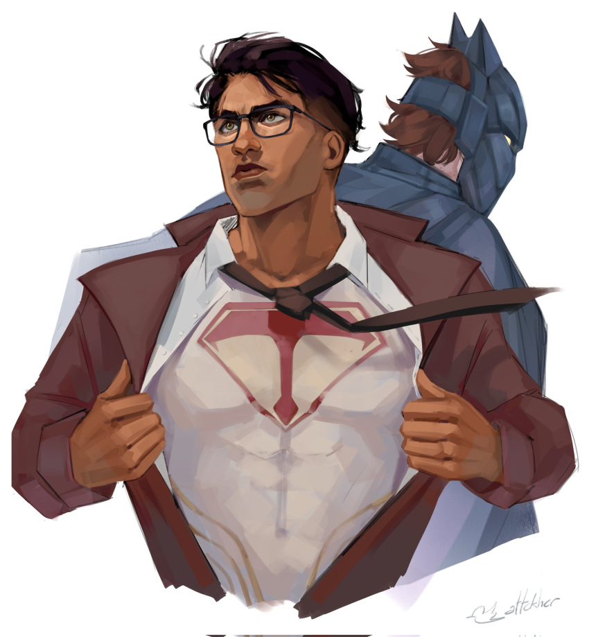 2boys artist_name bangs batman black-framed_eyewear black_cape black_hair black_necktie bodysuit brown_hair brown_jacket cape closed_mouth cropped_torso dark-skinned_male dark_skin dc_comics glasses grey_bodysuit highres jacket jayce_(league_of_legends) long_sleeves looking_to_the_side male_focus mask multiple_boys necktie nic_(attckher) open_clothes open_jacket open_shirt short_hair simple_background superman upper_body viktor_(league_of_legends) white_background