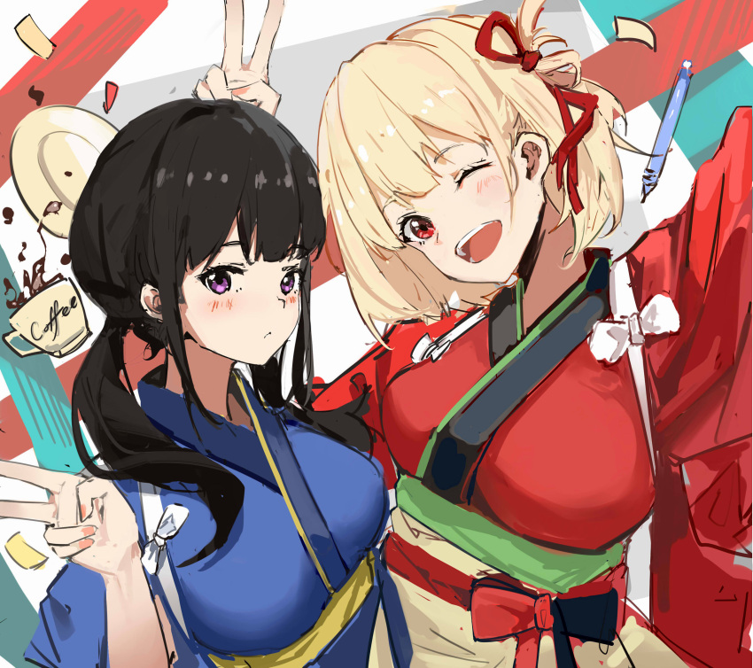 2girls black_hair blonde_hair blue_kimono blush breasts coffee_cup cup disposable_cup furisode hair_ribbon hand_up highres inoue_takina japanese_clothes kimono long_hair looking_at_viewer lycoris_recoil medium_breasts mkt_(pixiv15187870) multiple_girls nishikigi_chisato one_eye_closed pen plate red_eyes red_kimono red_ribbon ribbon short_hair teeth twintails upper_body upper_teeth v violet_eyes