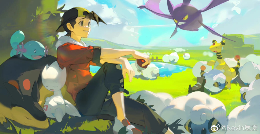 1boy ampharos backwards_hat black_hair black_headwear black_pants clouds commentary_request crobat day grass hat highres holding holding_poke_ball jacket kevin_krypton male_focus mareep outdoors pants poke_ball poke_ball_(basic) pokemon pokemon_(creature) pokemon_(game) pokemon_hgss red_jacket shoes short_hair sitting sky smile togetic typhlosion watermark wooper