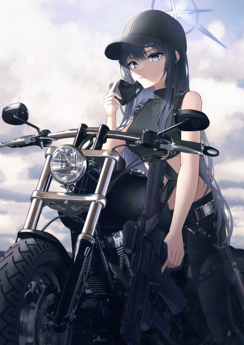 1girl absurdres assault_rifle baseball_cap black_mask black_pants black_shirt blue_archive chest_harness crop_top ground_vehicle gun halo harness hat highres holding holding_weapon knife_holster long_hair looking_at_viewer mask motor_vehicle motorcycle mouth_mask no_mask pants popcat rifle saori_(blue_archive) shirt solo weapon