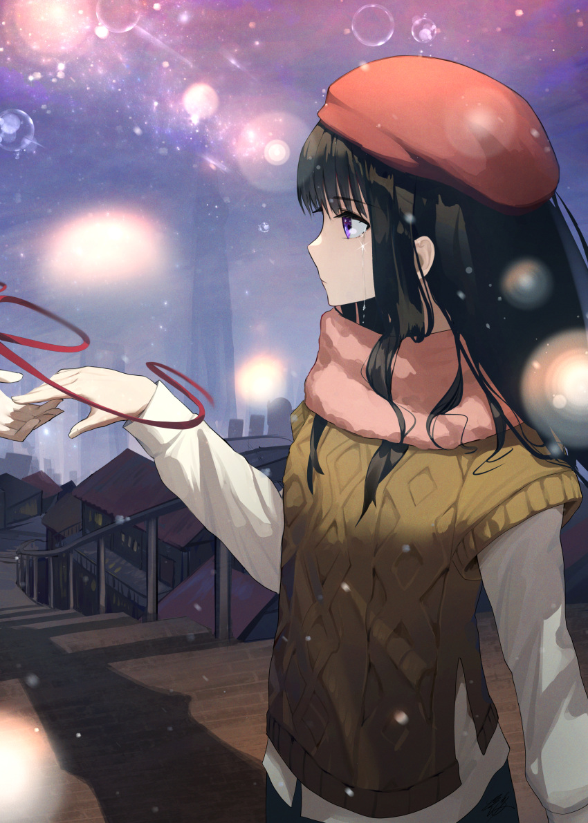 1girl absurdres beret black_hair commentary_request from_side hat hidulume highres holding_hands inoue_takina long_hair long_sleeves lycoris_recoil red_headwear ribbed_sweater scarf shirt solo_focus sweater tears violet_eyes white_shirt