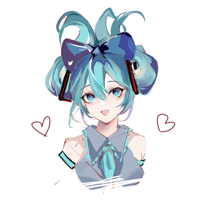 1girl :d bare_shoulders blue_bow blue_eyes blue_hair blue_necktie bow cinnamiku collared_shirt commentary_request cropped_torso grey_shirt hair_bow hatsune_miku heart highres looking_at_viewer necktie sanrio shen_jiu shirt sidelocks simple_background sleeveless sleeveless_shirt smile solo updo upper_body vocaloid white_background