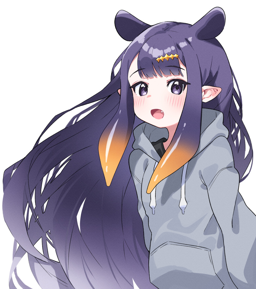 1girl :d animal_ears bangs blush brown_hair drawstring fang floating_hair gradient_hair grey_hoodie highres hololive hololive_english hood hood_down hoodie long_hair looking_at_viewer multicolored_hair ninomae_ina'nis pointy_ears purple_hair simple_background smile solo tosyeo upper_body very_long_hair violet_eyes virtual_youtuber white_background