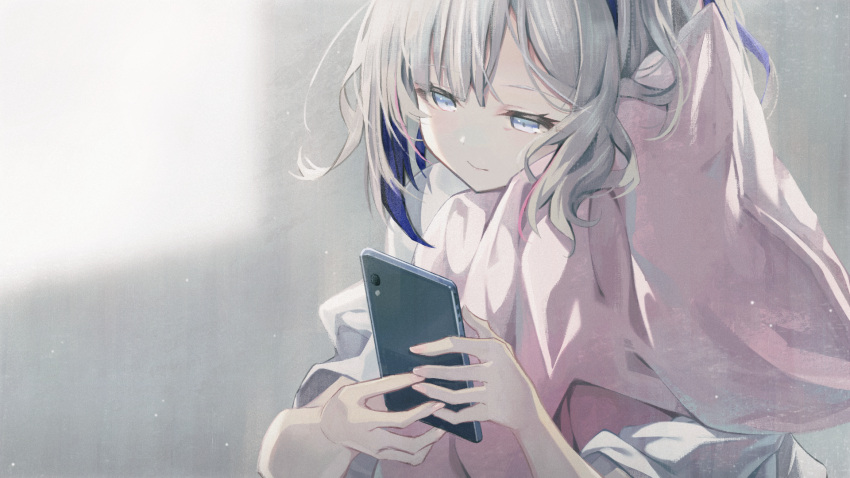 1girl amane_kanata anzi bangs blue_eyes blue_hair cellphone closed_mouth commentary_request grey_hair half-closed_eyes highres holding holding_phone hololive looking_away multicolored_hair object_hug phone pillow pillow_hug puffy_short_sleeves puffy_sleeves shirt short_sleeves solo two-tone_hair upper_body virtual_youtuber white_shirt