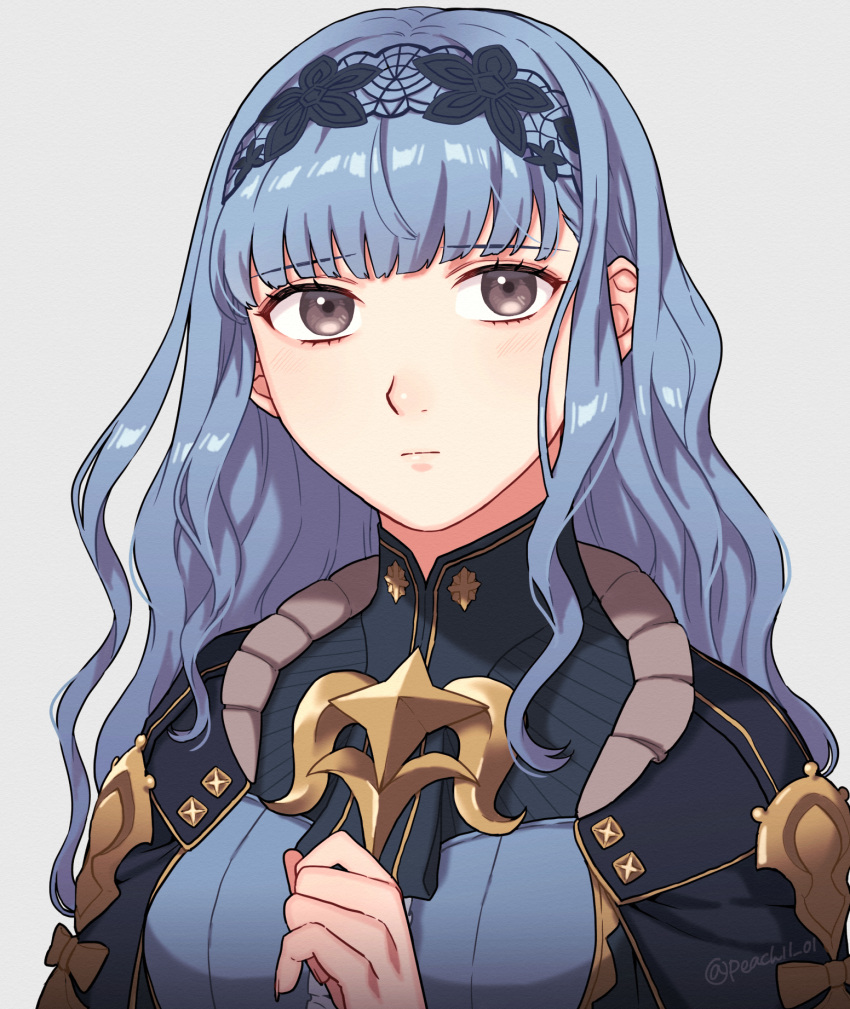 1girl bangs black_cape black_eyes black_hairband blue_dress blue_hair blunt_bangs cape closed_mouth dress fire_emblem fire_emblem:_three_houses fire_emblem_warriors:_three_hopes grey_background hairband highres lace_hairband long_hair looking_at_viewer marianne_von_edmund peach11_01 simple_background solo twitter_username upper_body wavy_hair