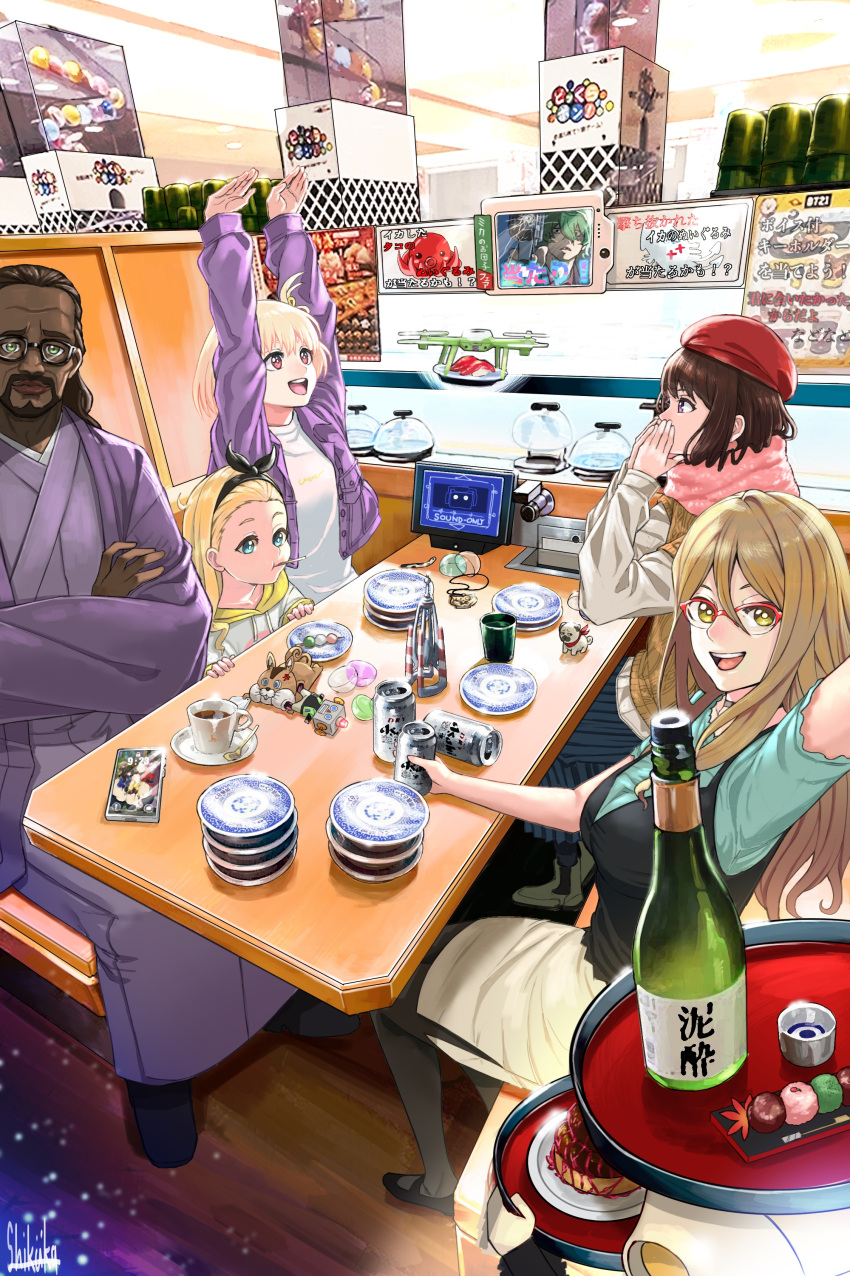 1boy 4girls absurdres alcohol artist_name beard black_hair blonde_hair blue_eyes bottle breasts camera computer cup dark-skinned_male dark_skin facial_hair food glasses green_eyes hat highres hood hoodie indoors inoue_takina jacket japanese_clothes kimono kurumi_(lycoris_recoil) large_breasts light_brown_hair long_hair looking_at_viewer lycoris_recoil majima_(lycoris_recoil) medium_hair mika_(lycoris_recoil) multiple_girls mustache nakahara_mizuki nishikigi_chisato open_mouth plate red-framed_eyewear red_eyes restaurant robota_(lycoris_recoil) sake scarf shirt shoes sitting skirt smile stuffed_toy sushi t-shirt tea teacup teeth tokishima_sikuka tray upper_teeth violet_eyes yellow_eyes