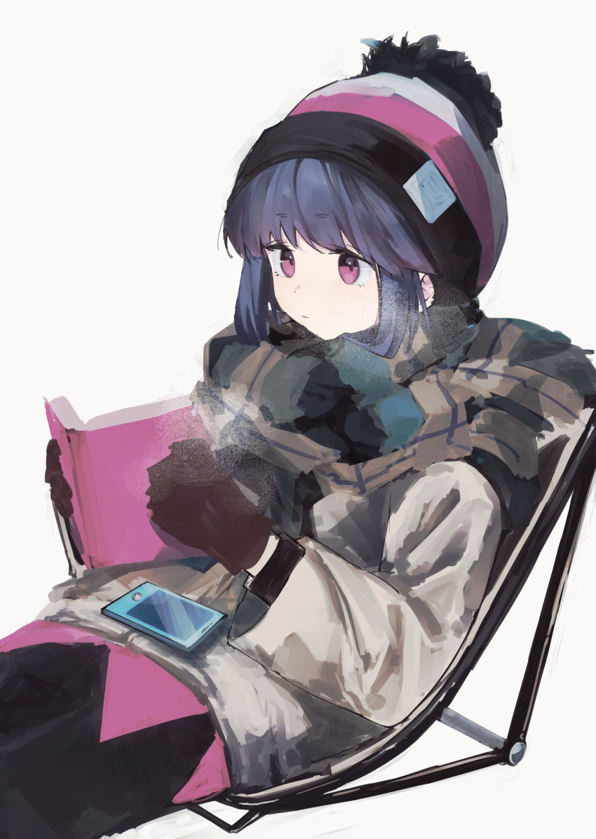 1girl absurdres beanie blue_hair book brown_gloves cellphone gloves hat highres holding holding_book leadin_the_sky phone reading scarf shima_rin simple_background sitting smartphone solo sweater violet_eyes white_background winter_clothes yurucamp