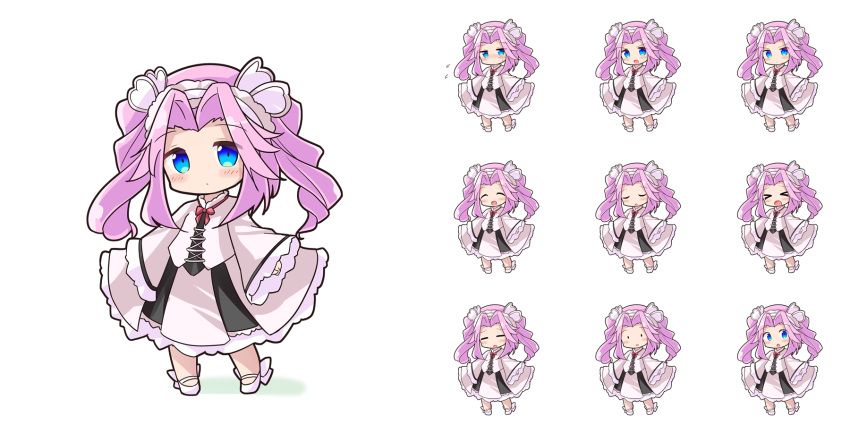 &gt;_&lt; ._. 1girl :d :o ^_^ blue_eyes blush blush_stickers chibi closed_eyes closed_mouth colored_shadow commentary_request dress flying_sweatdrops half-closed_eyes highres long_hair long_sleeves multiple_views nose_blush pink_hair ryogo shadow shikoku_metan shoes sleeves_past_wrists smile standing twintails v-shaped_eyebrows voiceroid white_dress white_footwear wide_sleeves